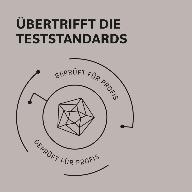 Infografik zum BaBylissPRO Evoluto Haartrockner mit der Aufschrift Übertrifft die Teststandards und Geprüft für Profis