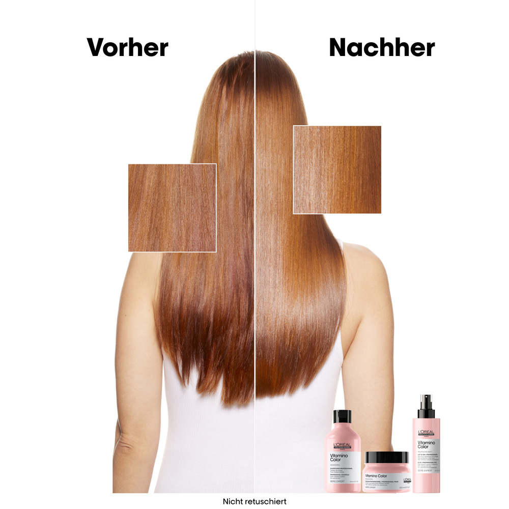 loreal-serie-expert-vitamino-color-haarpflege-vorher-nachher-modell-mit-kupferblonden-haaren-und-produkten