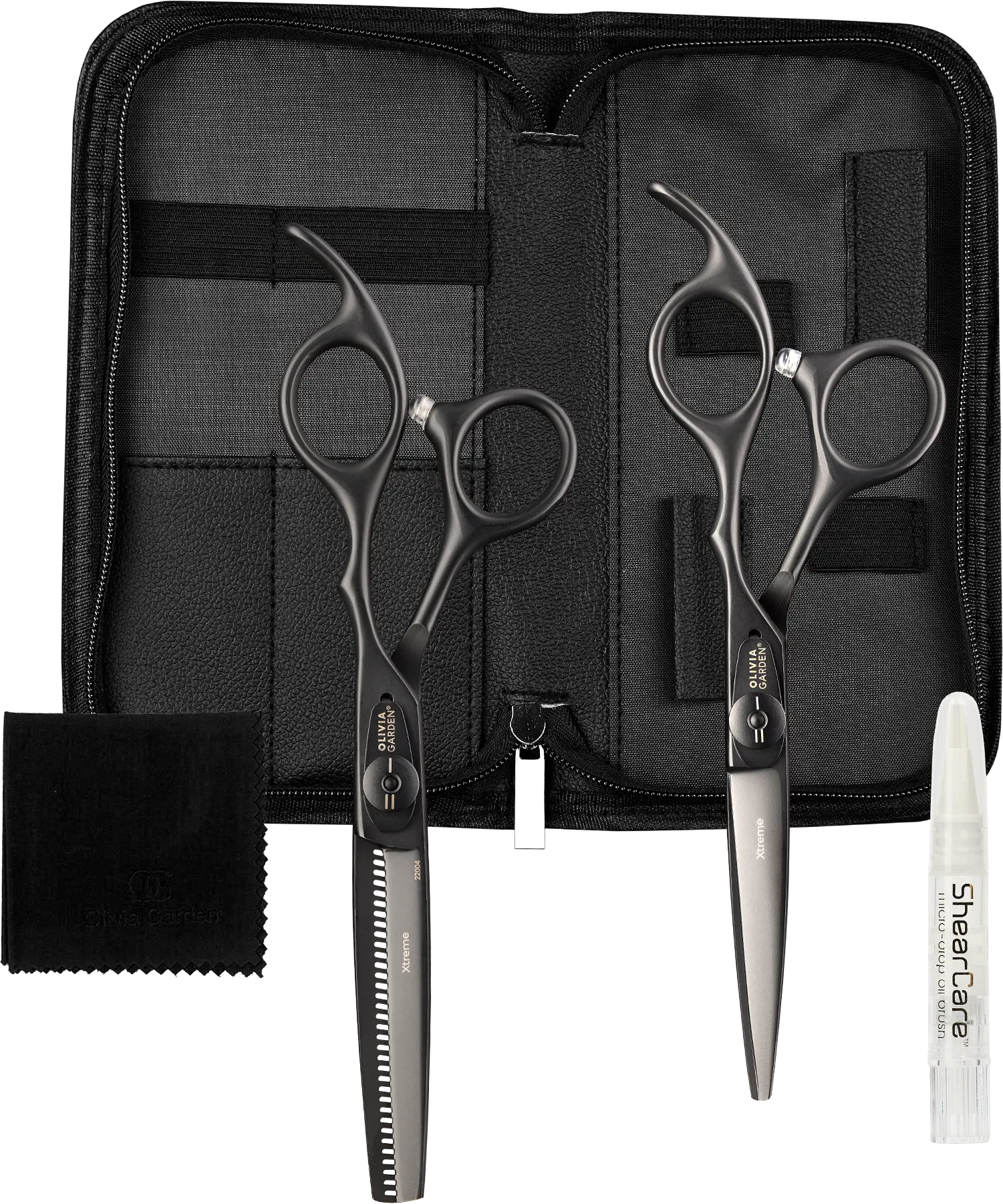 olivia-garden-xtreme-matt-black-friseurscherenset-mit-5-75-zoll-friseurschere-6-0-zoll-modellierschere-etui-pflegetuch-und-scherenoel-produktbild