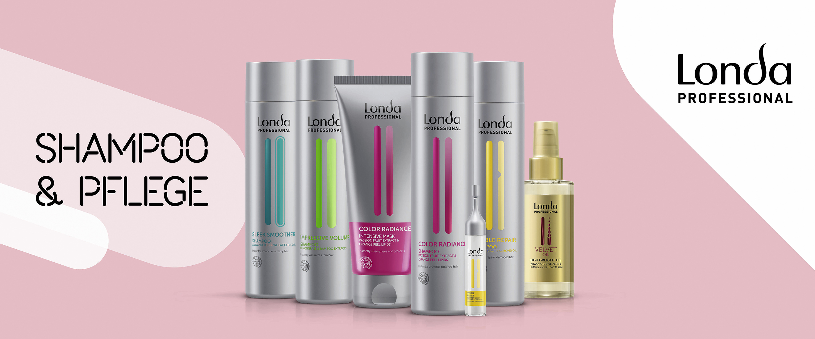 londa-professional-shampoo-und-pflegeprodukte-verschiedener-serien-auf-rosa-hintergrund–inklusive-sleek-smoother-impressive-volume-color-radiance-visible-repair-und-velvet-oil