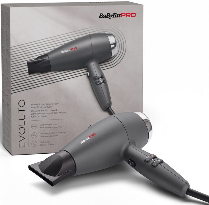 Grauer BaBylissPRO Evoluto Haartrockner mit Stylingdüse vor der Originalverpackung