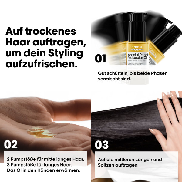 loreal-serie-expert-absolut-repair-molecular-oil-infografik-zur-anwendung-des-loreal-absolut-repair-molecular-oil-auf-trockenem-haar-fuer-glanz-und-pflege-zur-auffrischung-des-stylings
