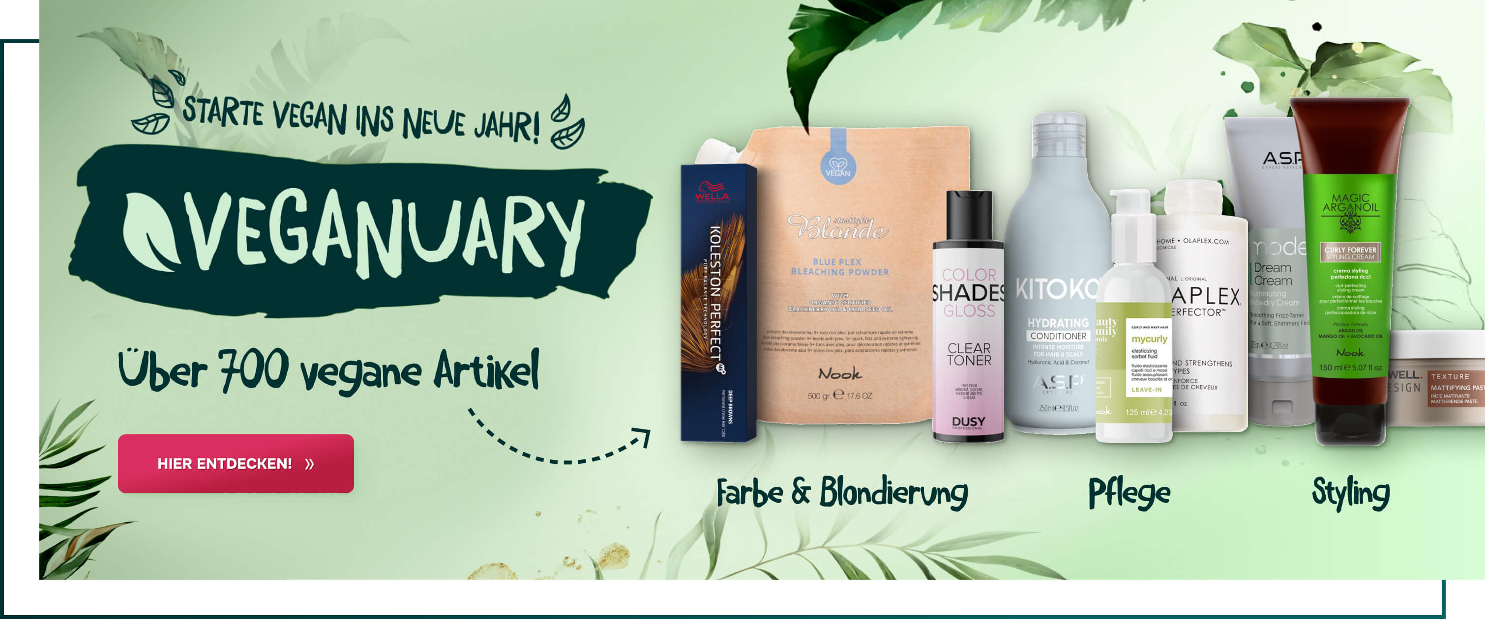 veganuary-banner-abbildung von-vegane-produkte-wie-haarconditioner-styling-cream-leave-in-und-activator-haarfarben-blondierungspulver-haarpaste-bonding-olablex-in-flaschen-und-tuben-auf-gruenem-hintergrund-mit-slogen-zum-vegan-starten^