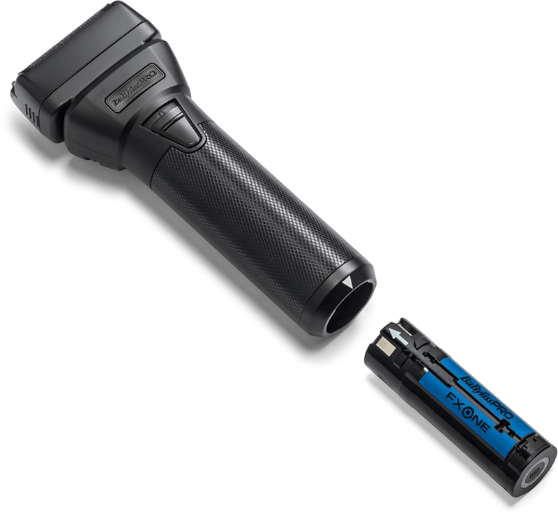 schwarzer-babylisspro-fxone-shaver-mit-scherkopf-in-seitenansicht-mit-akku