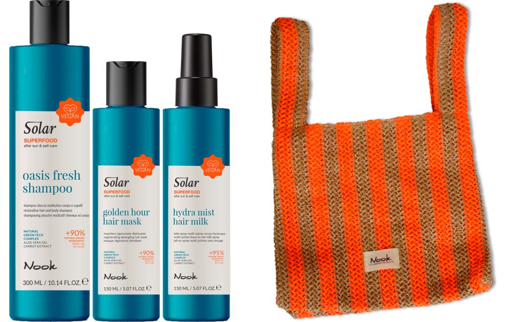 nook-solar-superfood-produktset-mit-shampoo-haarmaske-und-hair-milk-neben-orange-beiger-gestreifter-haekeltasche-fuer-sonnenpflege-und-after-sun-haarpflege