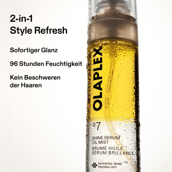 OLAPLEX No. 7 Shine Serum mit gelbem Inhalt und Texthinweisen zu Glanz, 96 Stunden Feuchtigkeit und Pflege ohne Beschweren