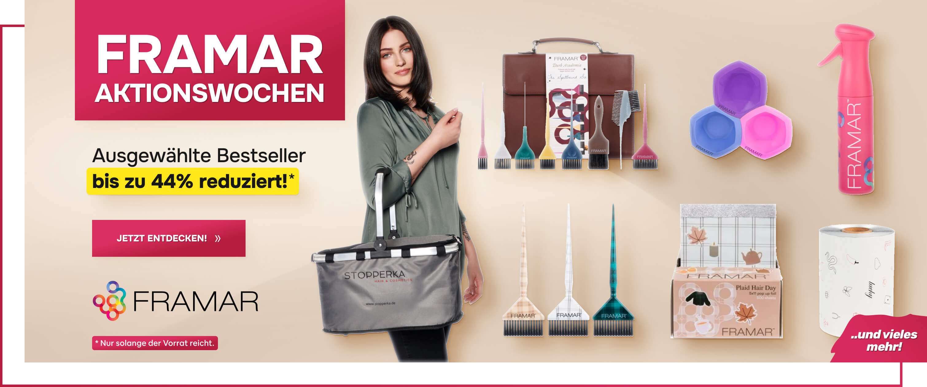 werbebanner-framar-aktionswochen-mit-frau-die-einkaufstasche-haelt-sowie-friseurwerkzeugen-wie-faerbepinseln-schalen-spruehflasche-und-zubehoer-auf-hellem-hintergrund-mit-hinweis-auf-rabattaktion