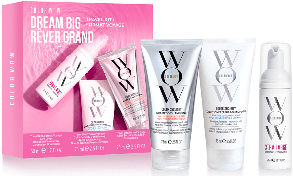 color-wow-dream-big-travel-kit-setverpackung-neben-den-drei-enthaltenen-reisegroessen