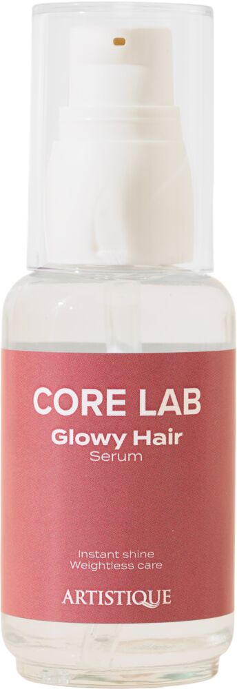 artistique-core-lab-glowy-hair-serum-flasche-fuer-sofortigen-glanz-und-geschmeidiges-haar-mit-rotem-etikett-und-transparentem-spender-50ml