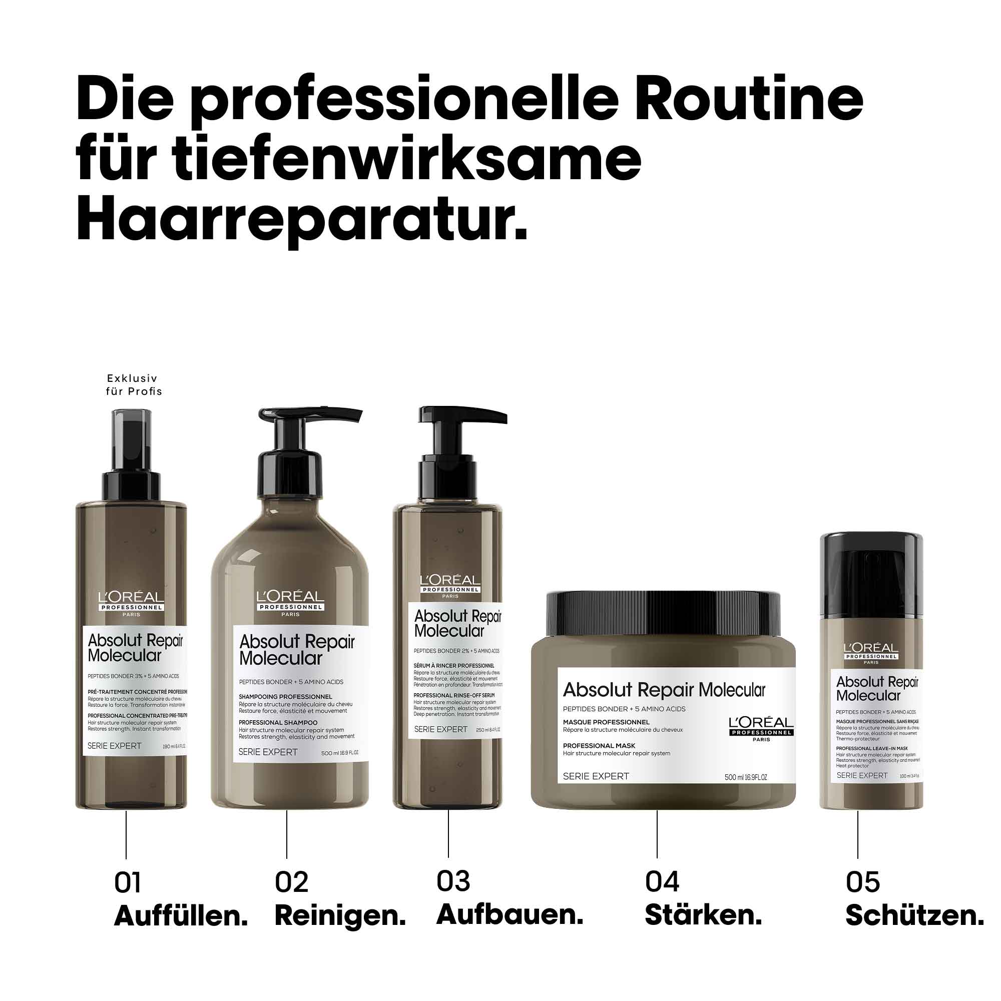 loreal-professionnel-absolut-repair-molecular-haarpflege-routine-fuer-geschaedigtes-haar-fuenf-produkte-aufgereiht-mit-beschriftung-auffuellen-reinigen-aufbauen-staerken-schuetzen