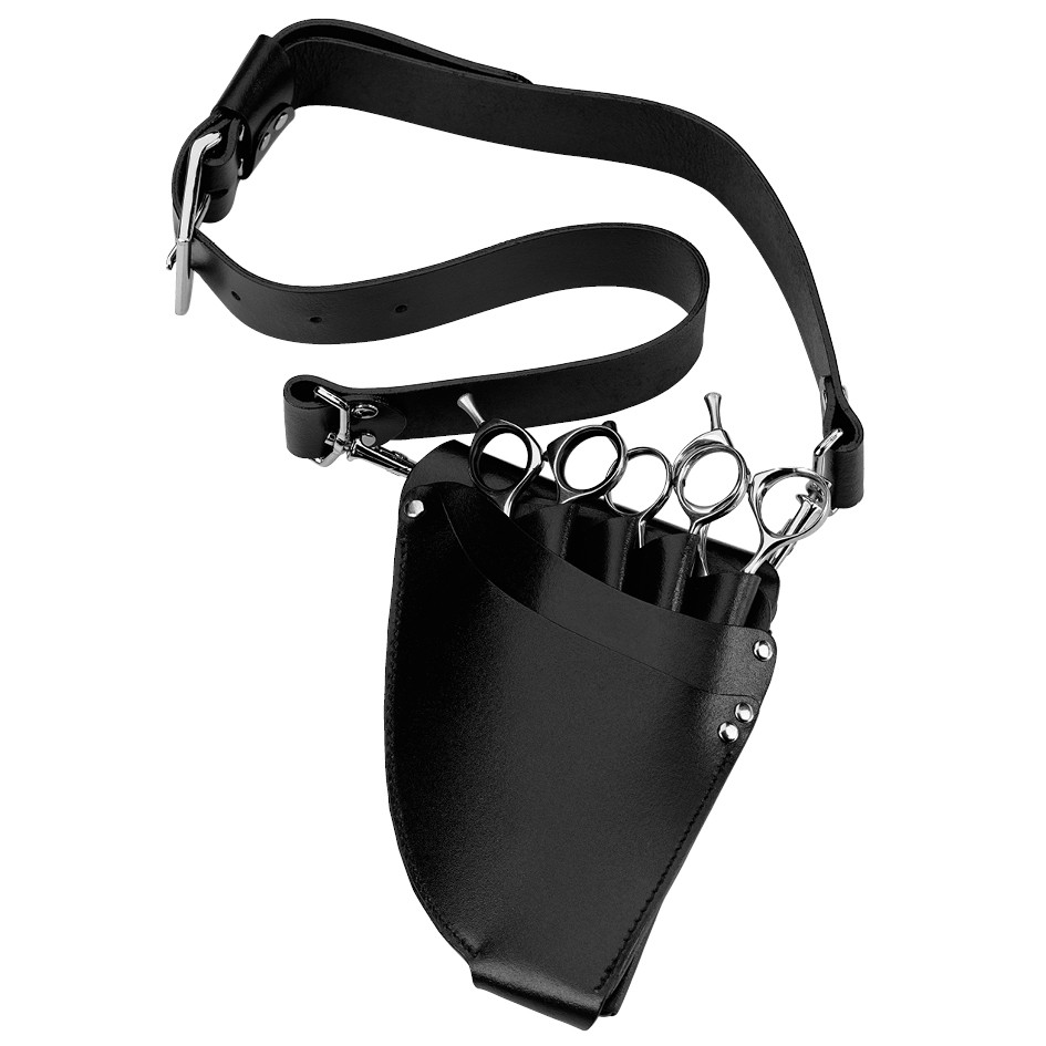 schwarzes-friseurholster-aus-leder-mit-gurt-und-fuenf-scherenfaechen–holster-mit-scheren-fuer-den-professionellen-einsatz-im-salon