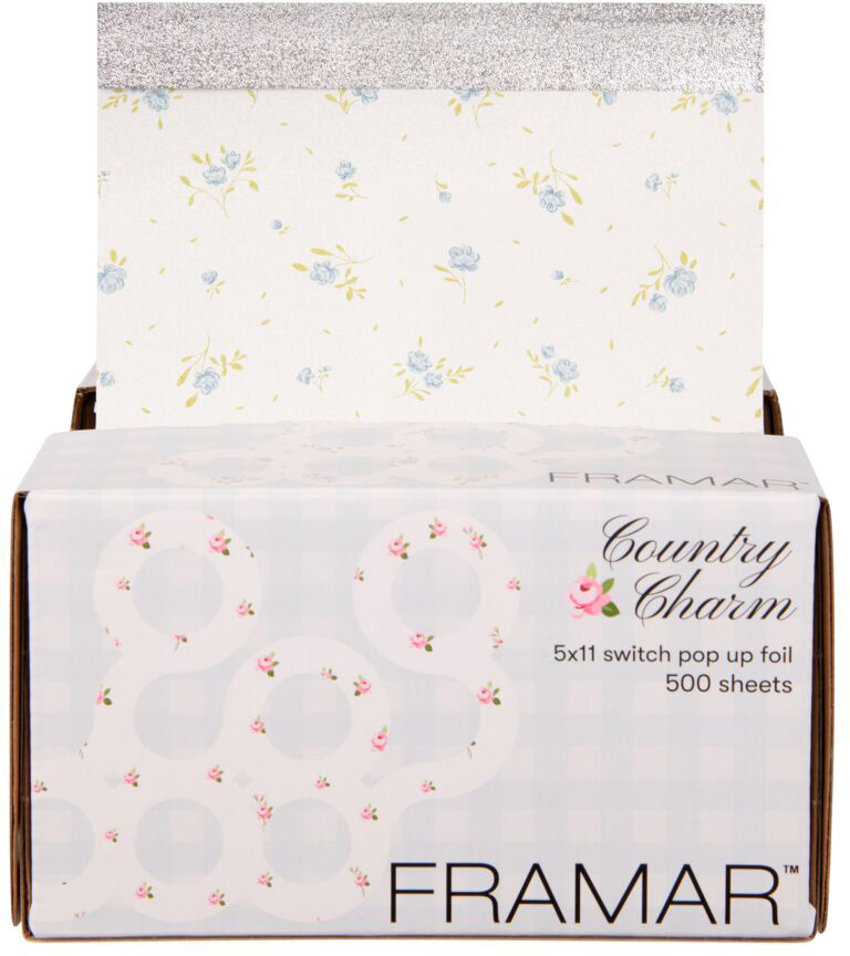 framar-pop-up-foil-country-charm-friseur-alufolie-500-blatt-mit-blumenmuster-in-spenderbox-geoeffnet-fuer-straehnen-und-haarfaerbung