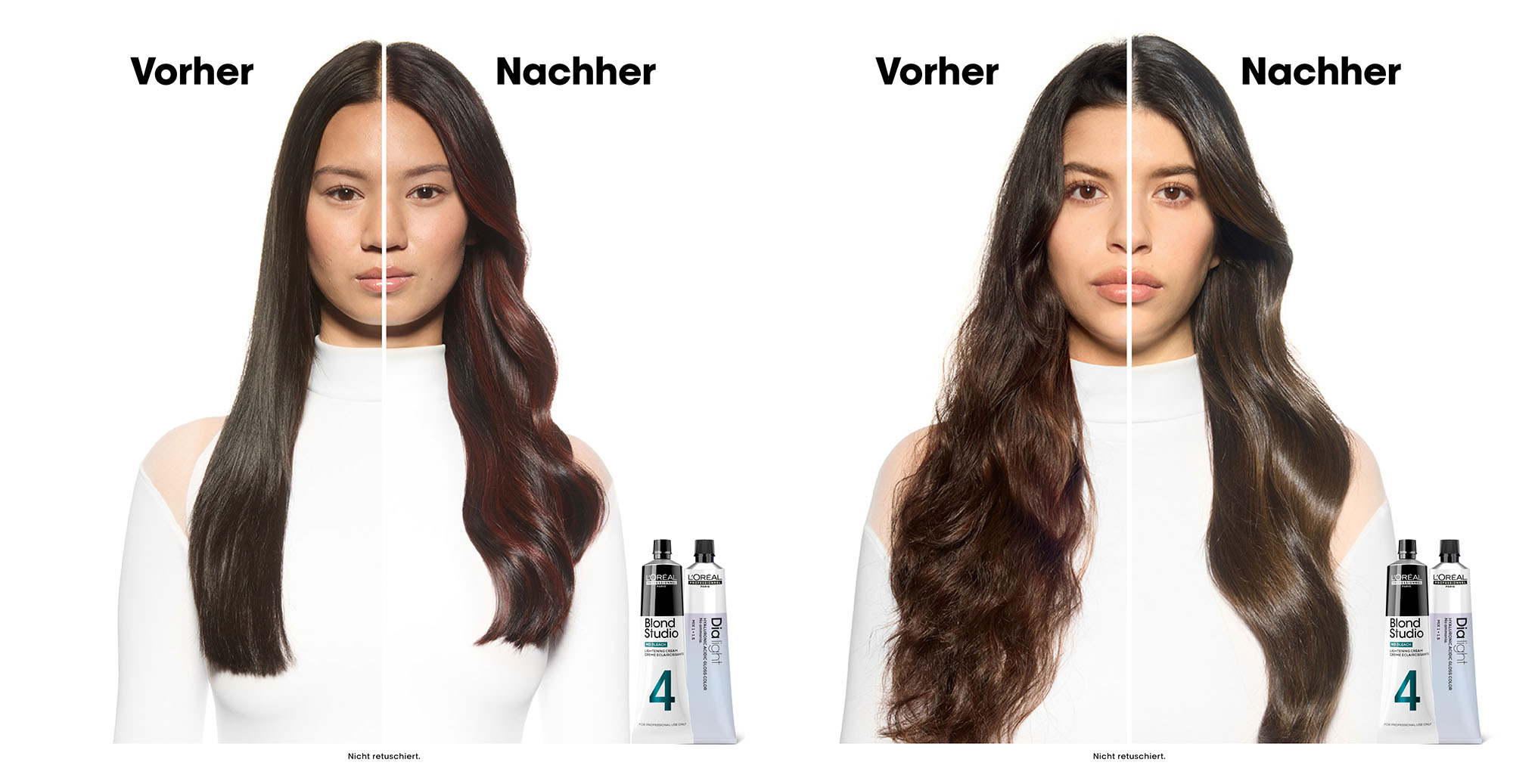 Vorher Nachher Vergleich mit L'Oreal Professionnel Blond Studio No Bleach an langem gewelltem Haar mit helleren Straehnen