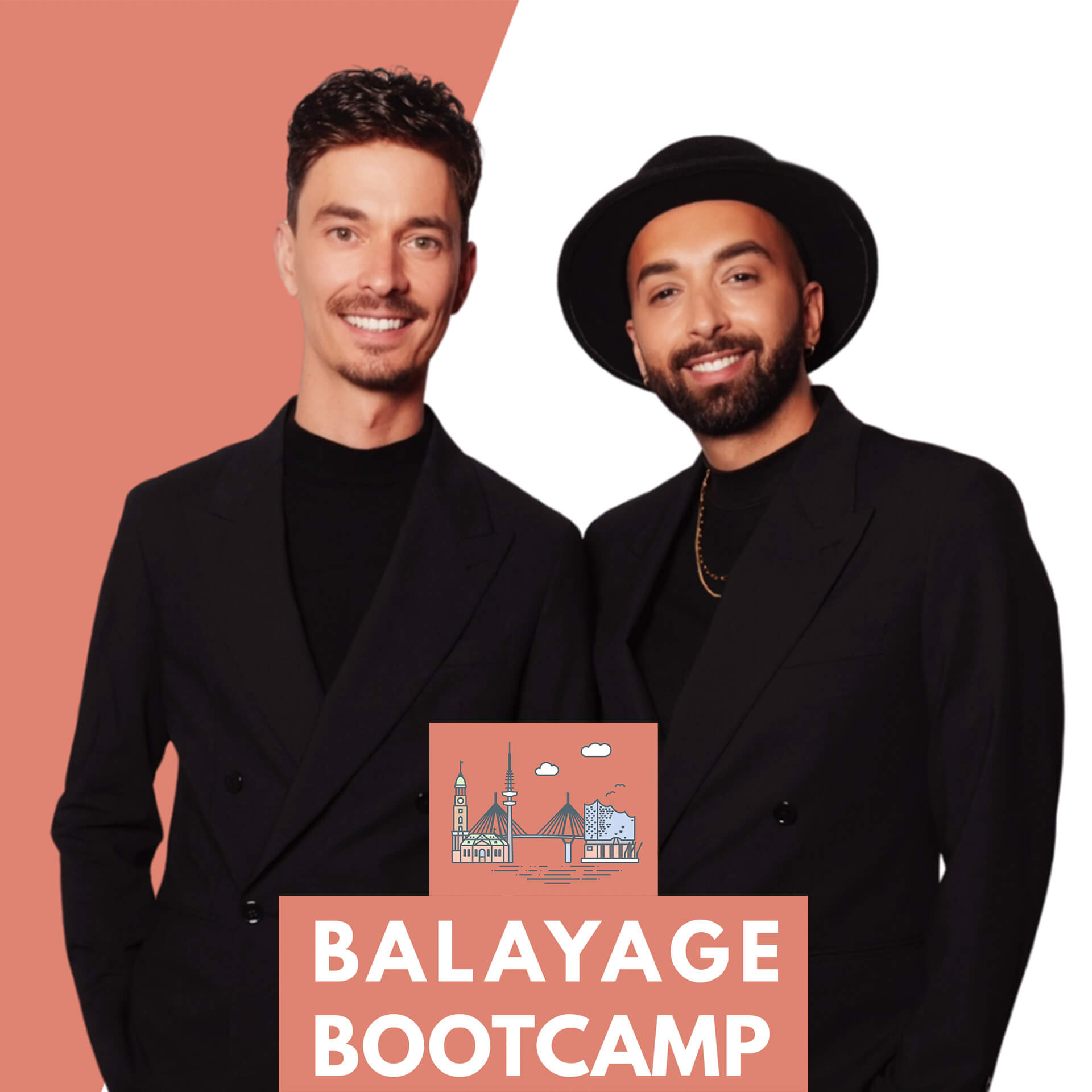 zwei-maenner-in-schwarzer-kleidung-vor-heller-kulisse-mit-der-aufschrift-balayage-bootcamp