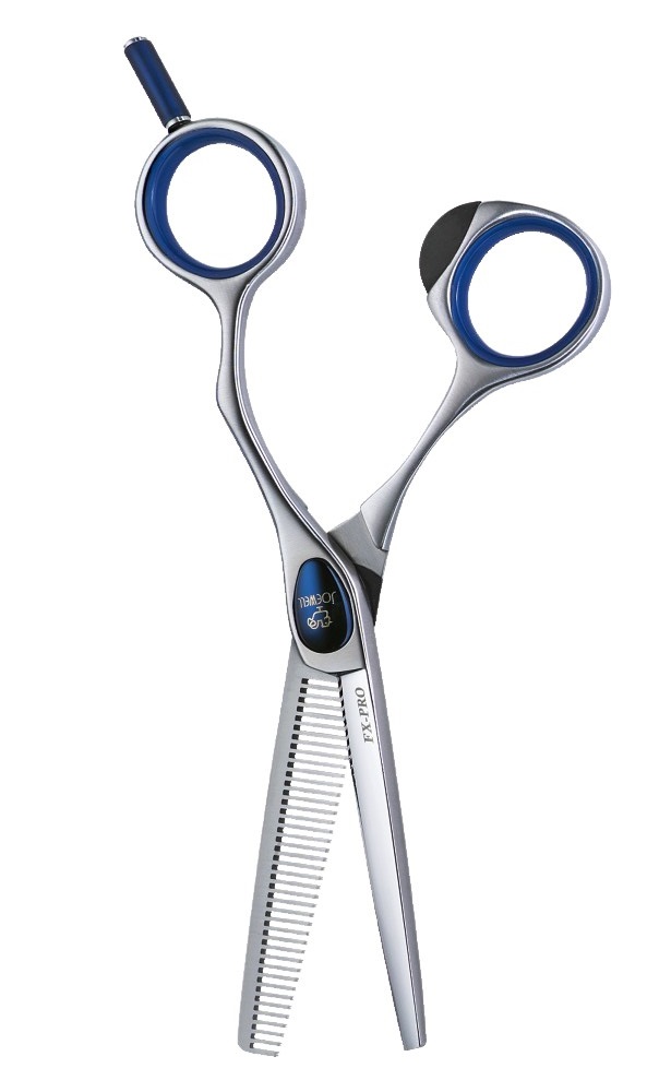 joewell-fx-pro-modellierschere-mit-blau-silbernem-design-und-zahnung-fuer-ausduennung-und-haarstrukturierung–ergonomischer-griff