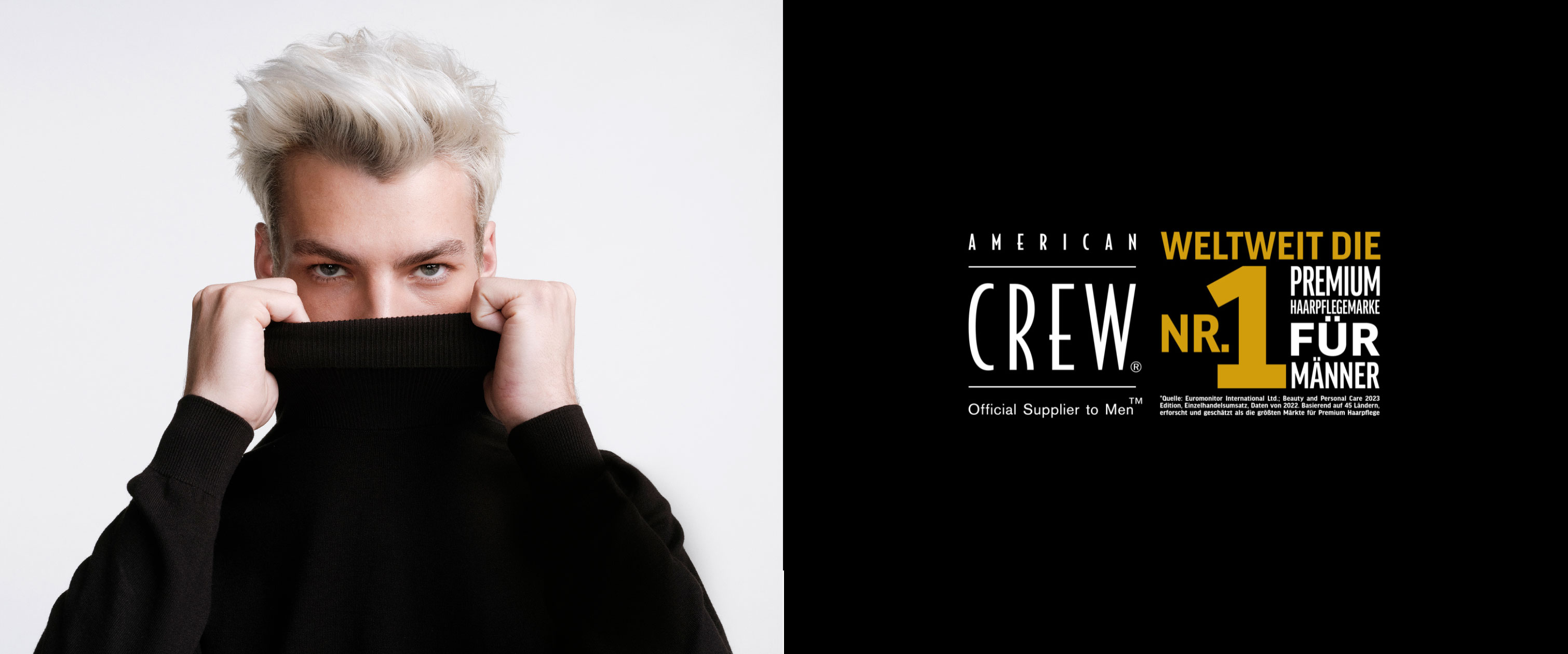 american crew logo plus mann mit rollkragenpullover und blond gefaerbten haaren american crew logo plus mann mit rollkragenpullover und blond gefaerbten haaren
