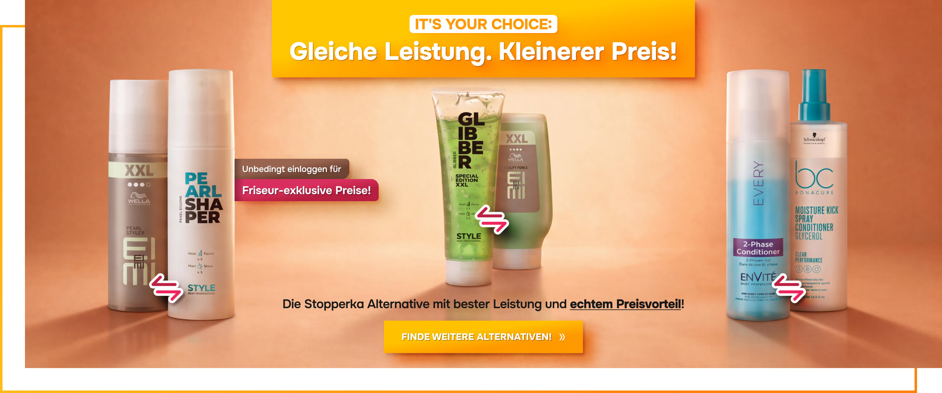 Stopperka It's Your Choice Desktop Banner mit Produktvergleichen von Dusy Professional und Wella sowie Schwarzkopf Professional. Friseurbedarf Alternativen mit gleicher Leistung und kleinerem Preis.