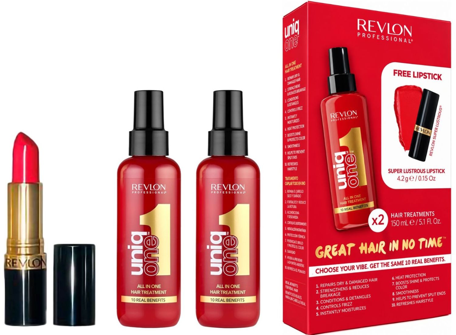 Revlon Professional Uniq One Geschenkset mit zwei roten All in One Hair Treatment Sprühflaschen je 150 ml und rotem Super Lustrous Lippenstift neben roter Geschenkverpackung