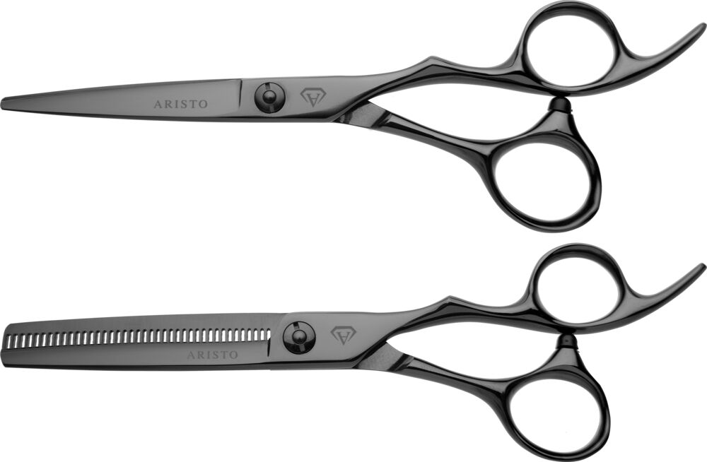 aristocut-friseurscheren-set-moonset-haarschneideschere-5.5-offset-plus-modellierschere-40-zaehne-beide-in-dunkelsilberne-farbe