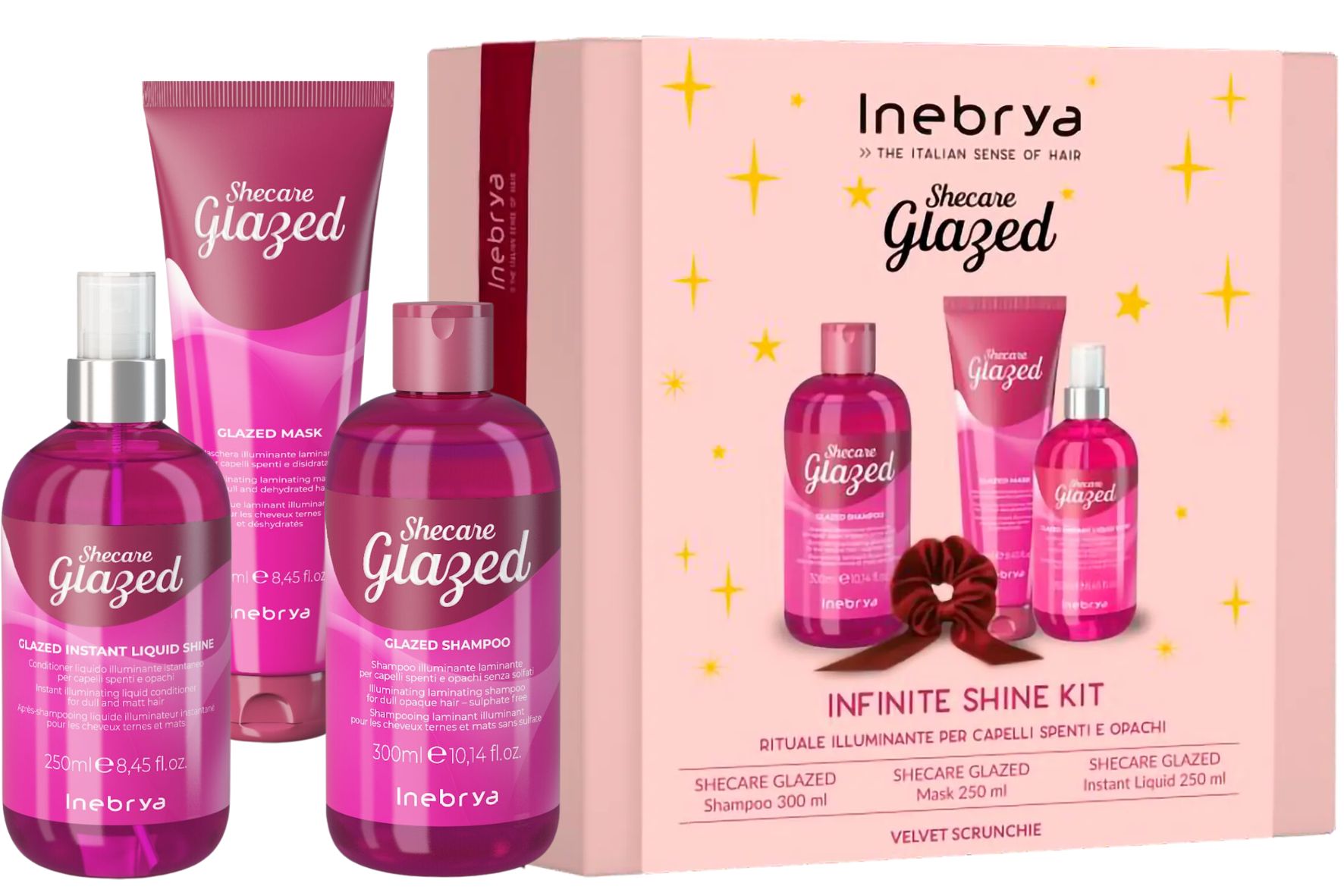 Inebrya Shecare Glazed Infinite Shine Kit mit Glazed Shampoo 300 ml, Glazed Mask 250 ml und Glazed Instant Liquid Shine 250 ml in pinkfarbenen Verpackungen neben rosa Geschenkbox