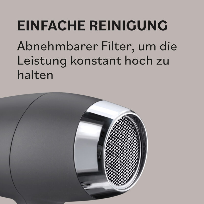 Nahaufnahme des abnehmbaren Metallfilters am BaBylissPRO Evoluto Haartrockner zur einfachen Reinigung