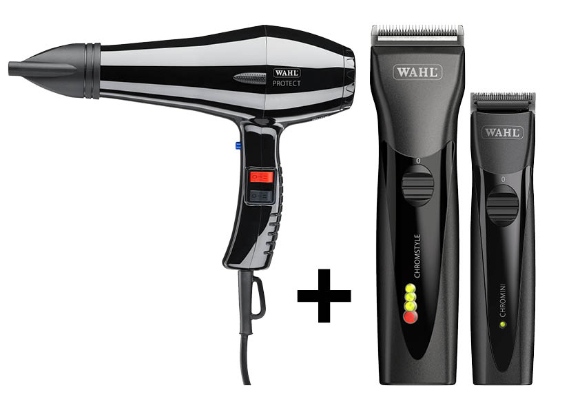 Wahl Set: Haarschneidemaschine Chromstyle + Trimmer Chromini + Protect Fön