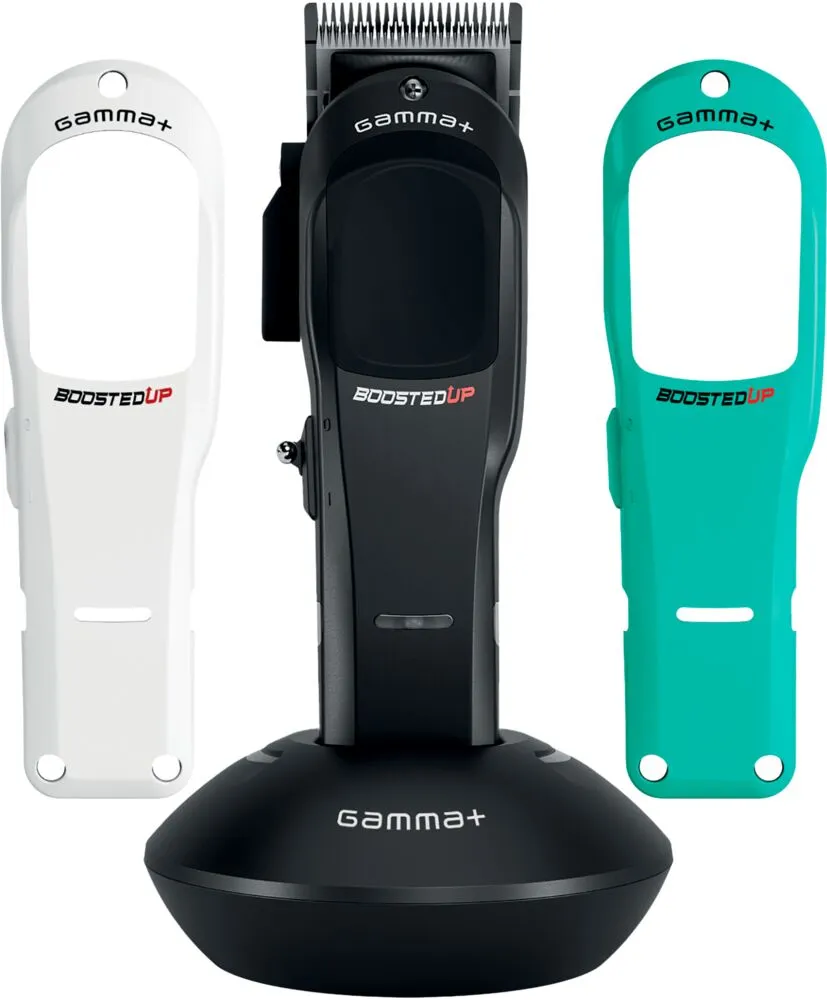 gamma-boosted-up-clipper-mit-austauschbaren-body-kits-in-weiss-schwarz-und-tuerkis-zur-individuellen-anpassung-der-haarschneidemaschine