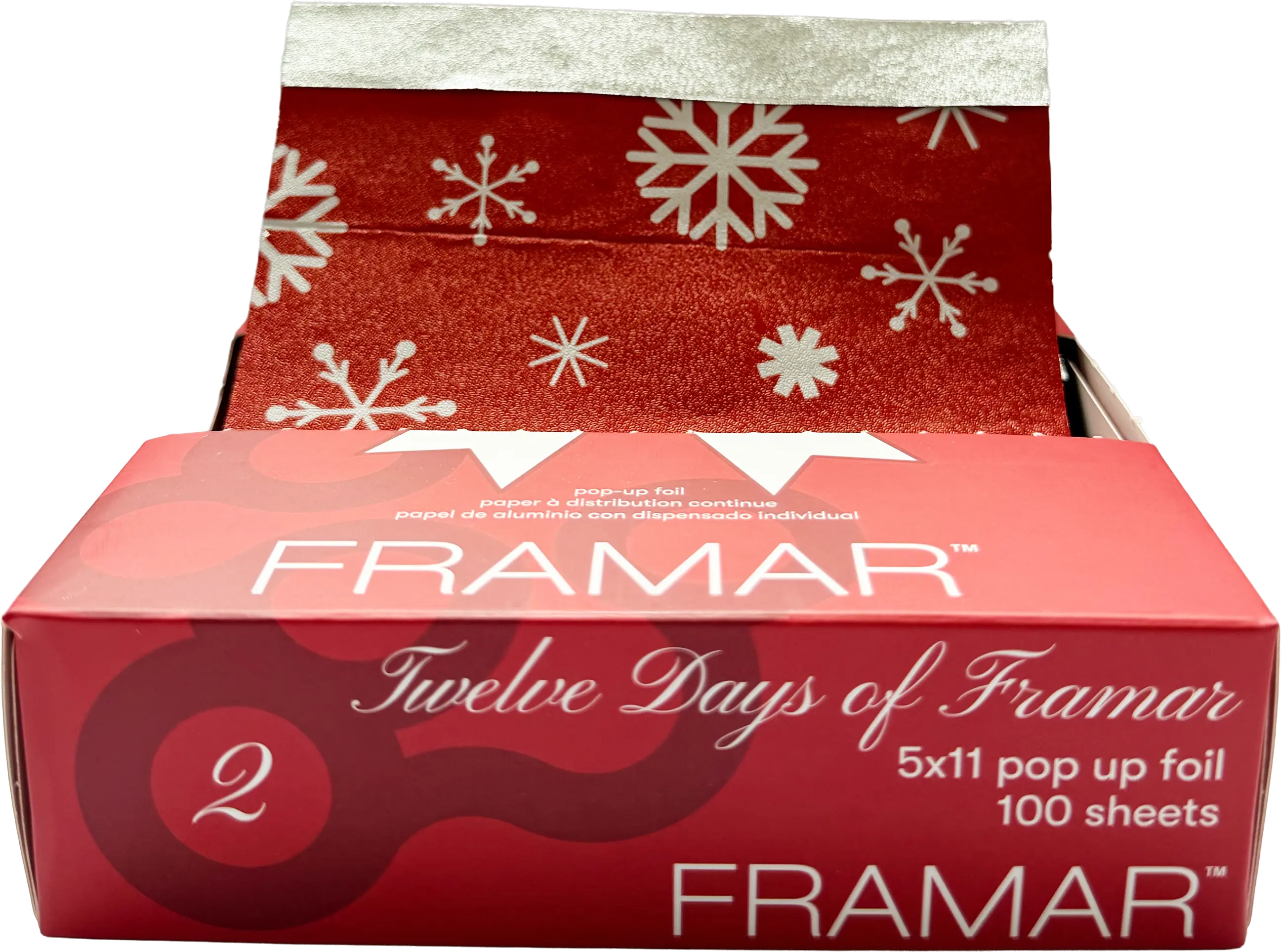 framar-snowflake-crush-straehnenfolie-mit-weissen-schneeflocken-auf-rotem-grund
