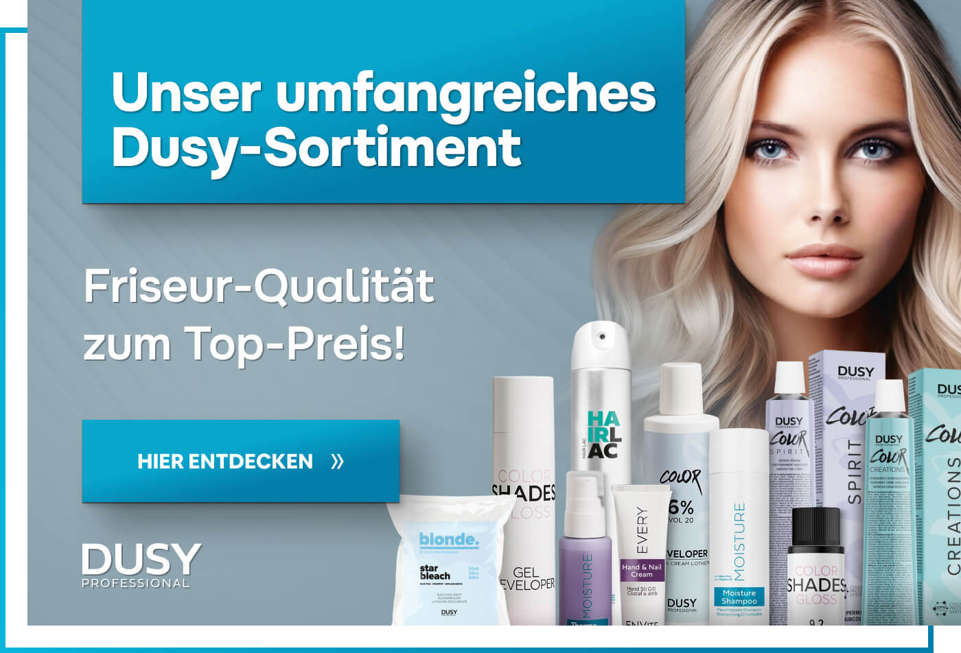 dusy-salonprodukte-blondes-modell-mit-auswahl-an-produkten-und-logo dusy-salonprodukte-blondes-modell-mit-auswahl-an-produkten-und-logo