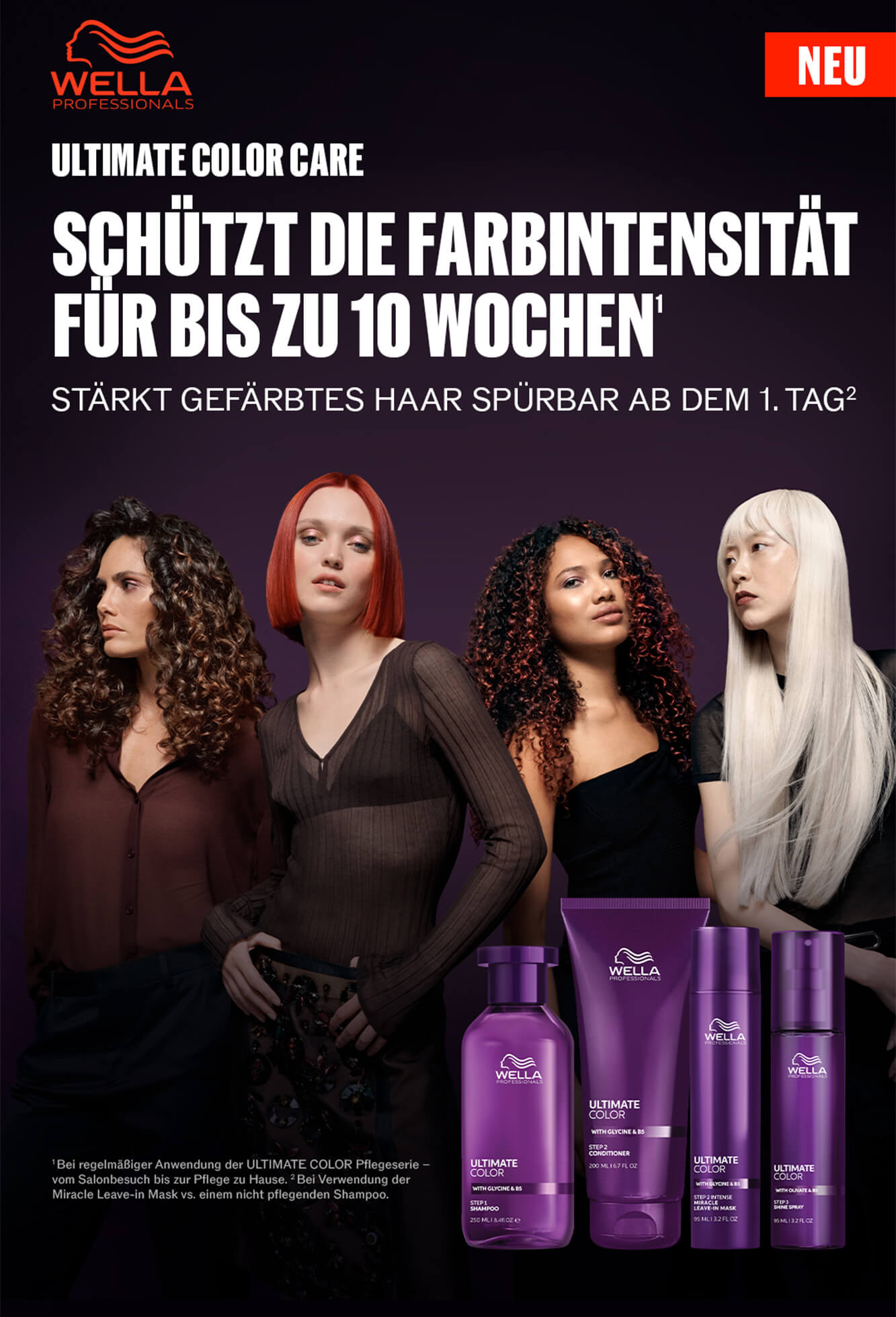 mobile-online-banner-wella-professionals-pflege-produkte-ultimate-color-serie-mit-4-frauen-mit-unterschiedlichste-haarfarben-und-frisuren