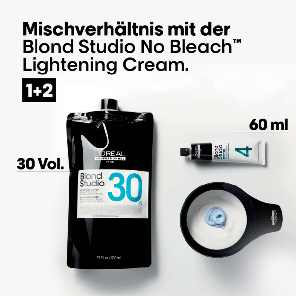 L'Oreal Professionnel Blond Studio No Bleach Lightening Cream mit Entwickler 30 Vol und Faerbeschale sowie Angabe zum Mischverhaeltnis 1 zu 2