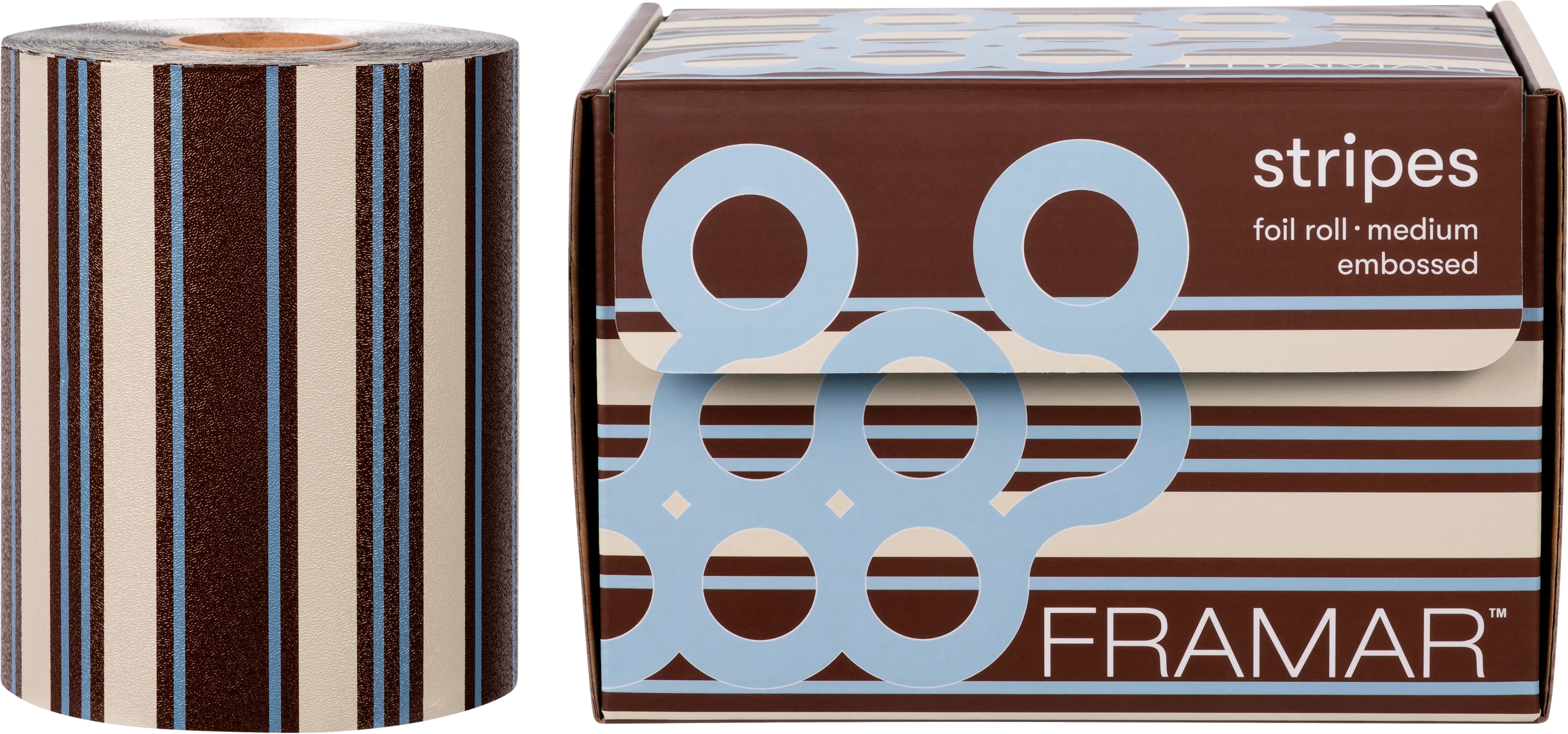 framar-embossed-roll-blue-chocolate-stripes-gepraegte-straehnenfolie-auf-rolle-mit-braunen-und-blauen-streifen