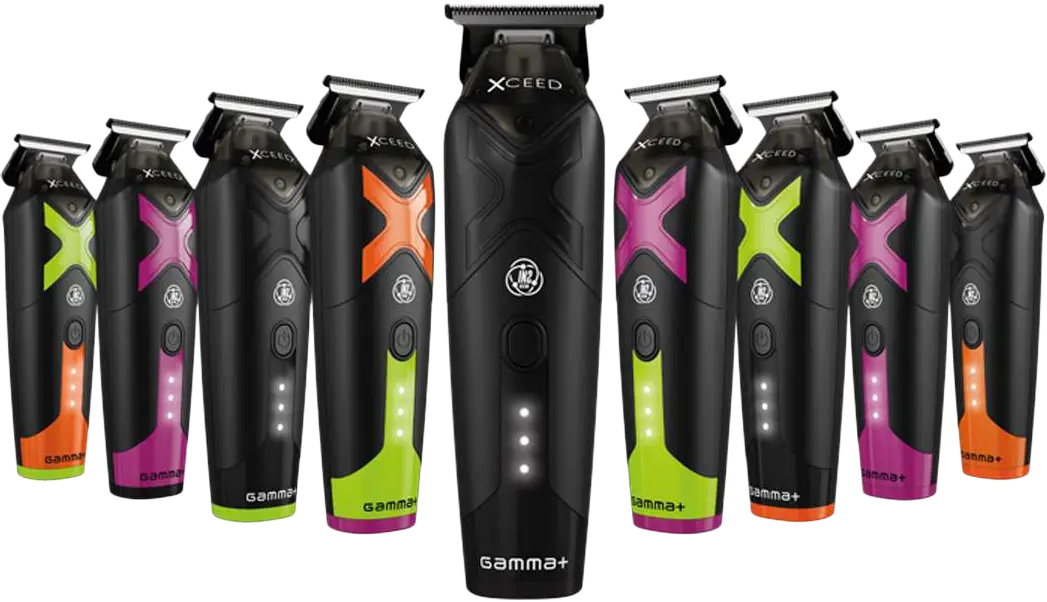 gamma-xceed-clipper-mit-austauschbaren-body-kits-in-gruen-schwarz-aubergine-und-orange-zur-individuellen-anpassung-der-haarschneidemaschine