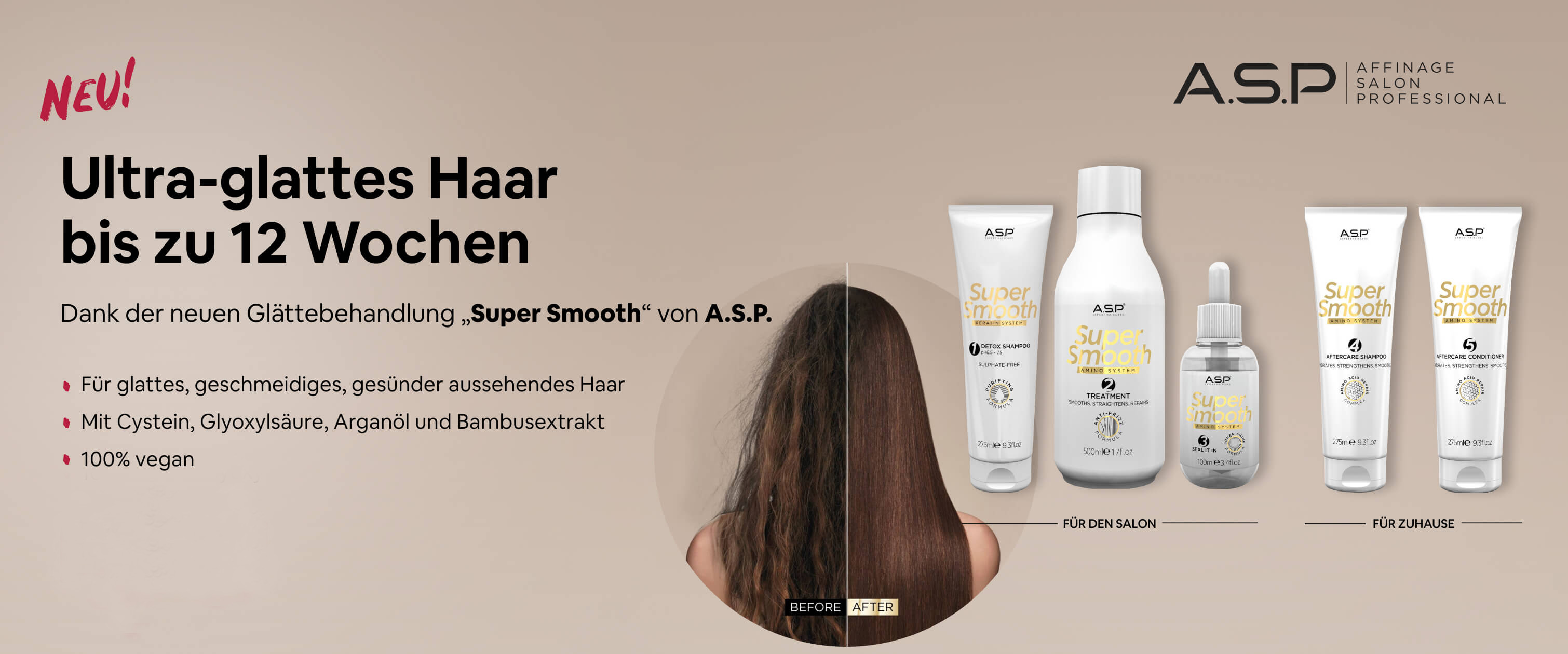 fünf produkte der super smooth serie, schrift und vorher nachher foto 