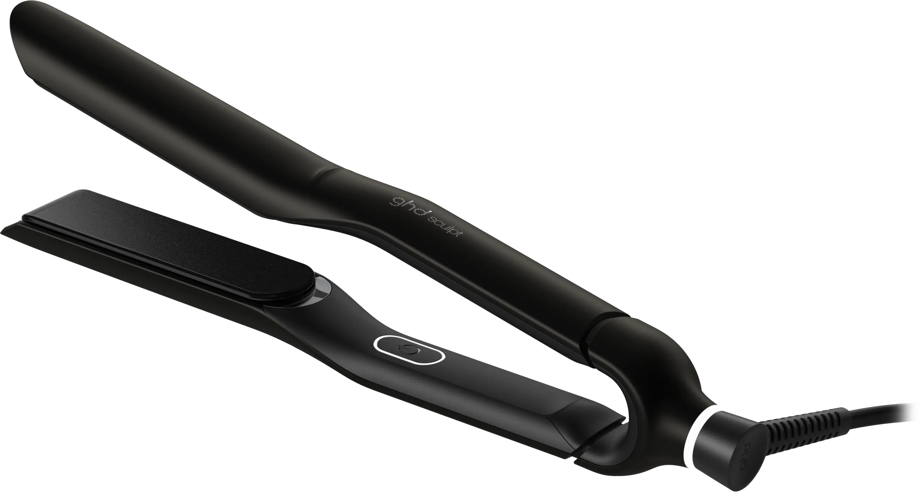 Schwarzer ghd Sculpt Styler in geoeffneter Ansicht mit breiten Stylingplatten und Netzkabel