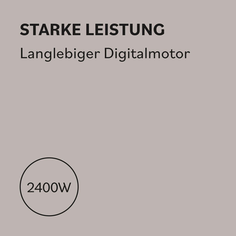 Infografik zum BaBylissPRO Evoluto Haartrockner mit Hinweis auf den langlebigen Digitalmotor und 2400 Watt Leistung