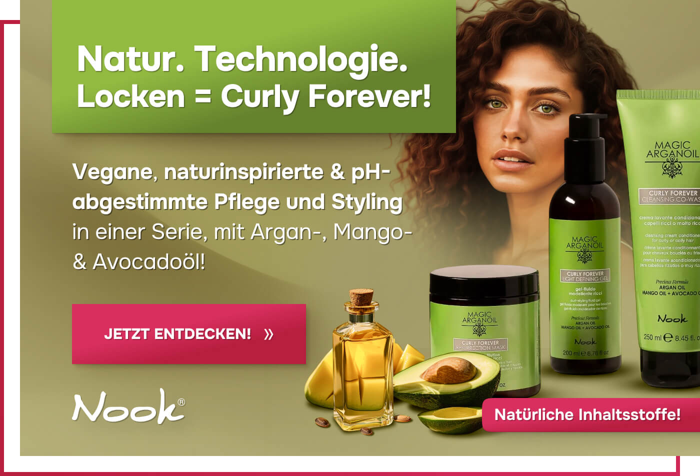mobile-curly-forever-banner-pflege-produkte-fuer-lockige-haare-mit-honig-mango-und-argan-oel-frau-mit lockige-haare-und-gruene-augen