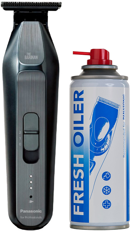 silberne-panasonic-haarschneidemaschine-the-barikan-und-silberne-spruehdose-mit-blauem-etikett-und-rotem-verschluss-fresh-oiler-fuer-haarschneidemaschinen