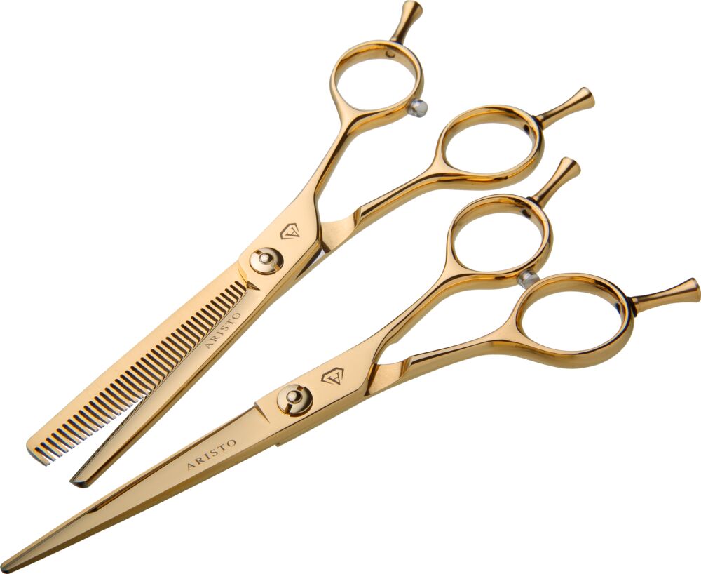 aristocut-modellierschere-sato-gold-mit-40-zaehne-neben-ein-sato-gold-friseurschere