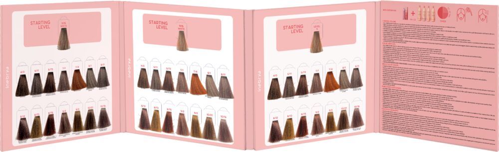 inebrya-demi-intensivtoenung-farbkarte-mit-herausnehmbaren-meschen-rosa-buchruecken-geoeffnete-karte-mit-nuancen